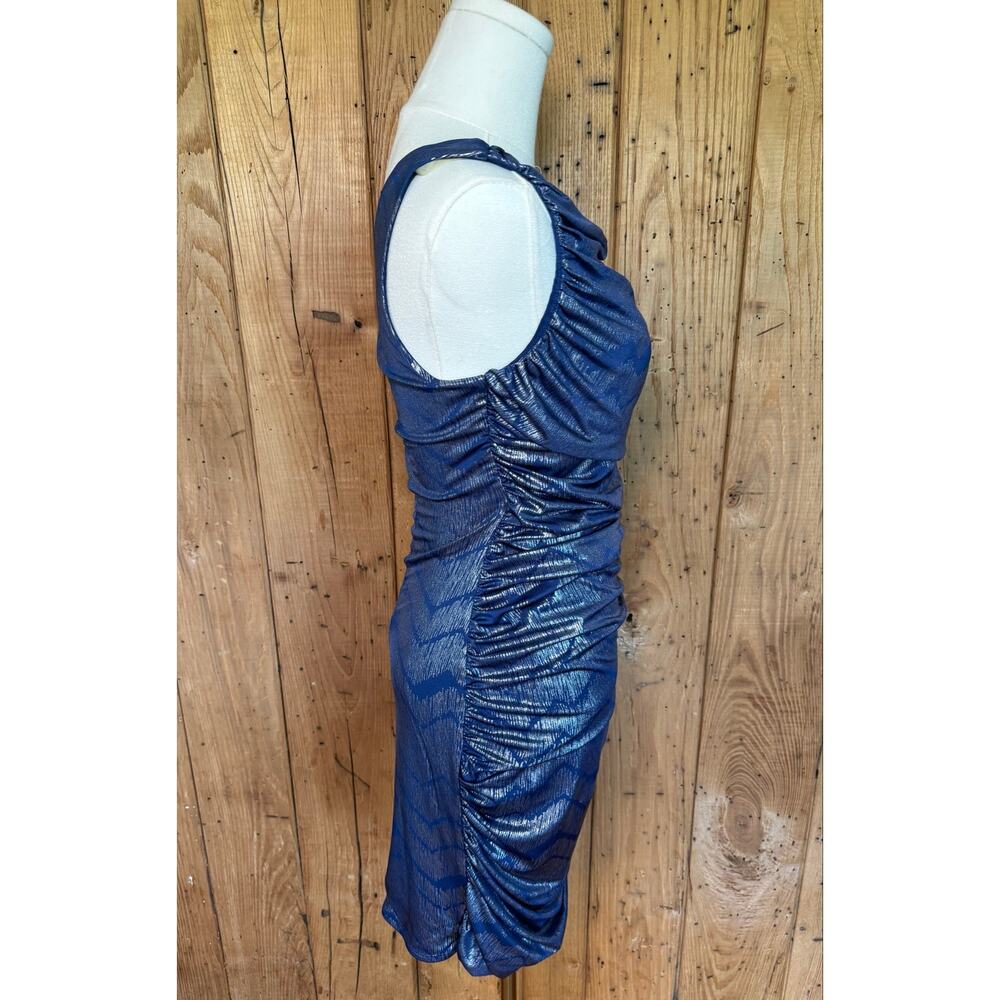 Studio Small Blue Silver Metallic One Shoulder Ruched Cocktail Dress NWT - Picture 5 of 11